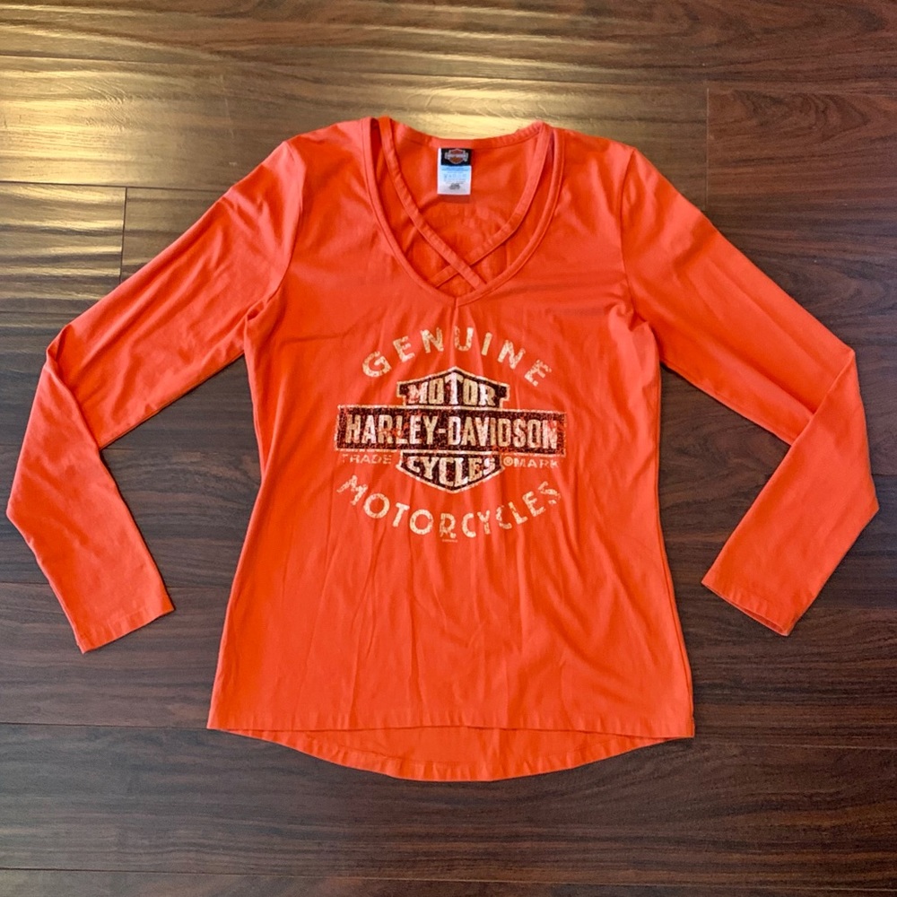 Harley Davidson Orange Criss Cross Long Sleeve Shirt Medium Large - Worn Once